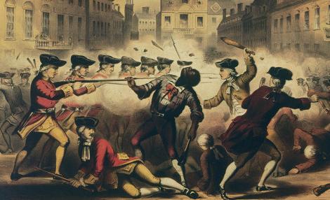 这幅画描绘的是身穿红色衣服、手持步枪的英国士兵与手无寸铁的平民之间的暴力冲突. 一名黑人在中心中枪. 